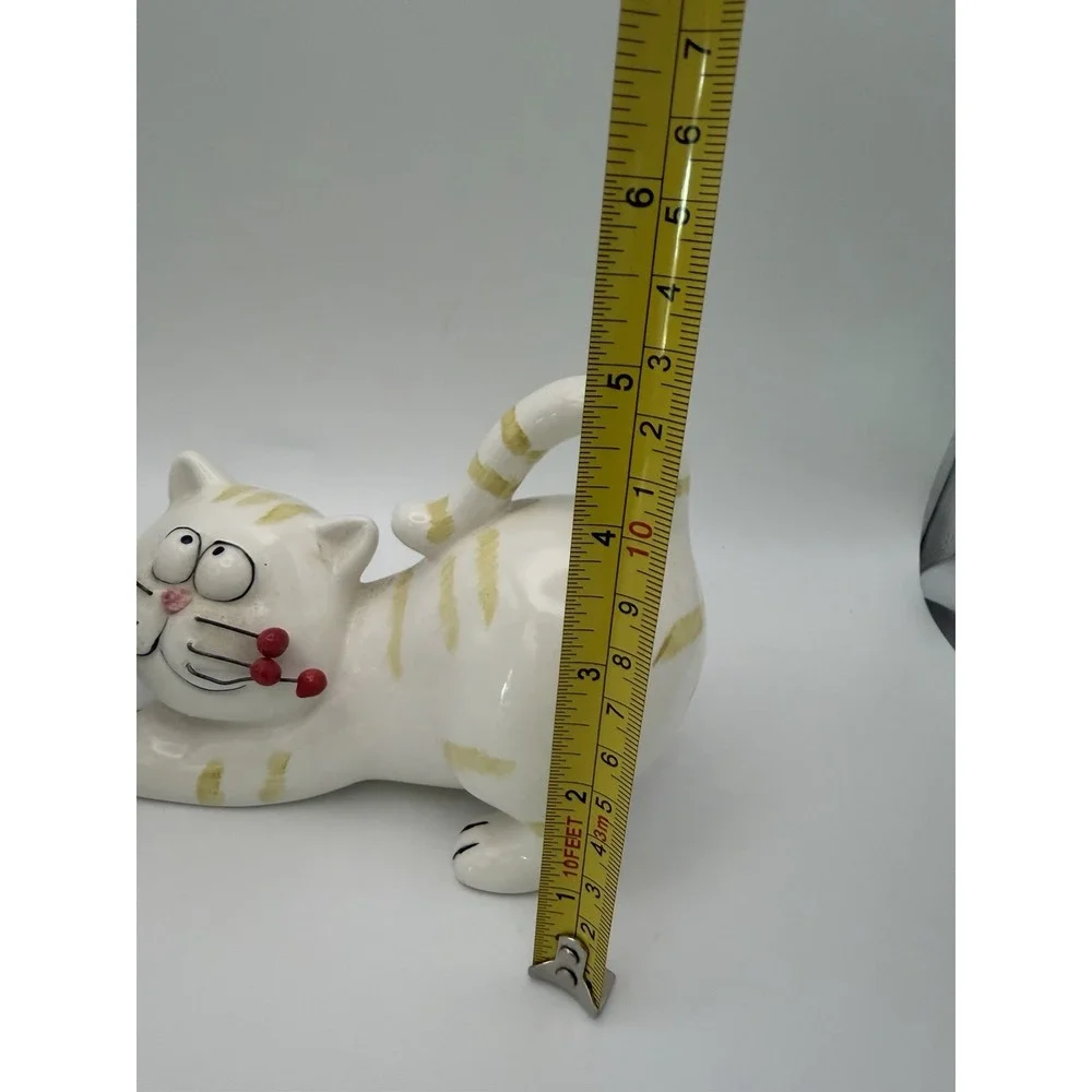 Nanucket Whimsical Ceramic Cat Figurines Pair Gray & Cream Beaded Whiskers 6